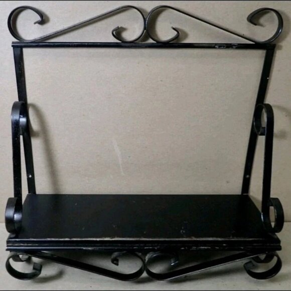 Vintage Wrought Iron Black Wall Shelf with Scroll Elements - Picture 1 of 8